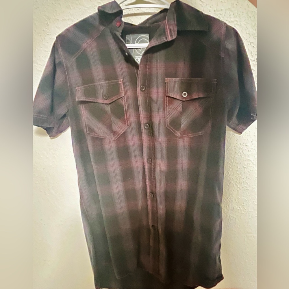 Plaid button up black and red shirt